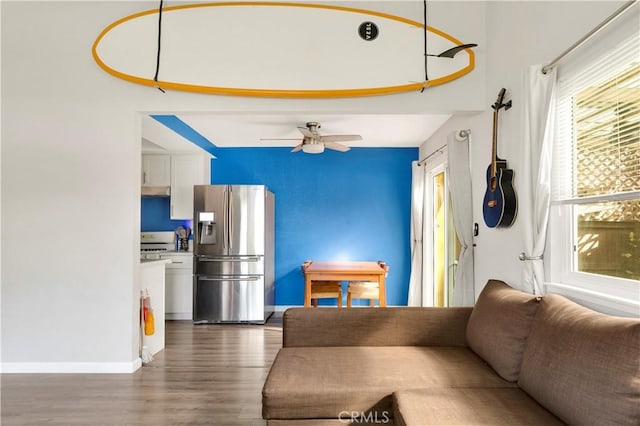 26422 Paseo Carmel Unit 20A, San Juan Capistrano, CA 92675 - living area featuring wood finished floors, baseboards, and a ceiling fan