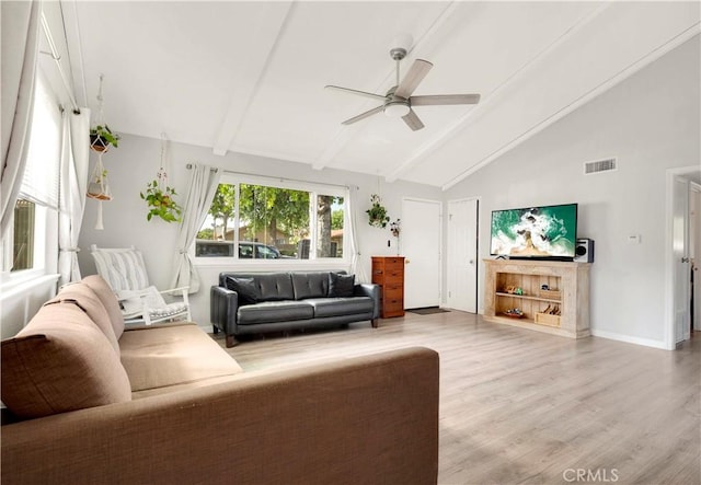 26422 Paseo Carmel Unit 20A, San Juan Capistrano, CA 92675 - living area featuring a ceiling fan, beamed ceiling, wood finished floors, baseboards, and high vaulted ceiling