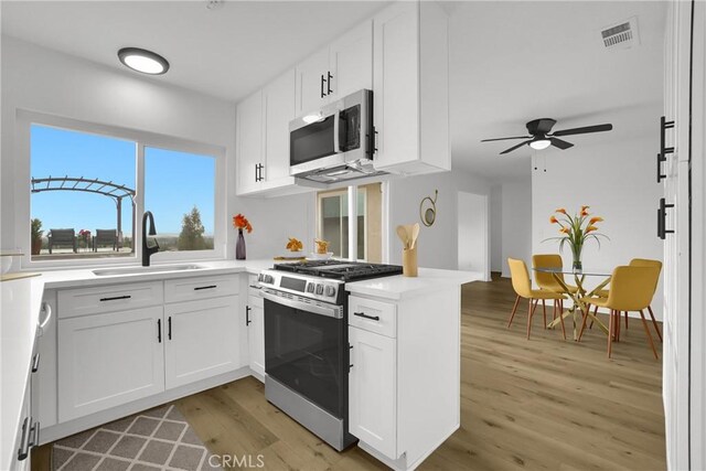 24855 Sundial Way, Moreno Valley, CA 92557 - kitchen with appliances with stainless steel finishes, a sink, light wood-type flooring, ceiling fan, and a peninsula