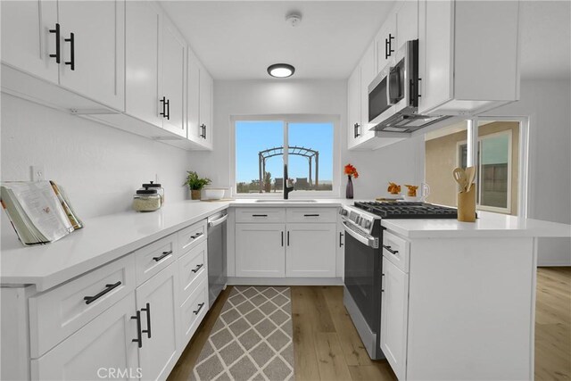 24855 Sundial Way, Moreno Valley, CA 92557 - kitchen featuring appliances with stainless steel finishes, a peninsula, light wood-style floors, a sink, and light countertops