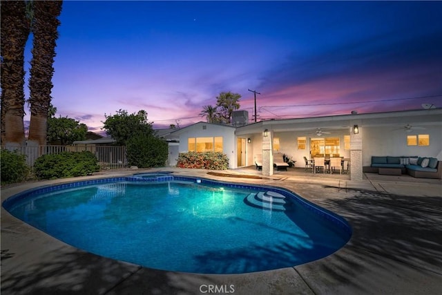 77355 Minnesota Ave, Palm Desert, CA 92211 - view of pool featuring an outdoor living space, a ceiling fan, a patio, and a pool with connected hot tub