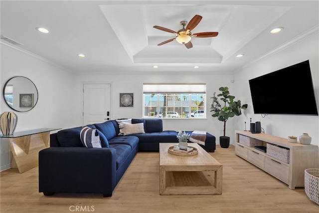 77355 Minnesota Ave, Palm Desert, CA 92211 - living area featuring a tray ceiling, ceiling fan, recessed lighting, crown molding, and light wood finished floors