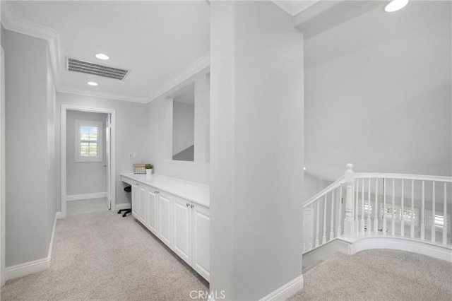 25 Bellflower St, Ladera Ranch, CA 92694 - hall featuring light carpet, crown molding, recessed lighting, and an upstairs landing
