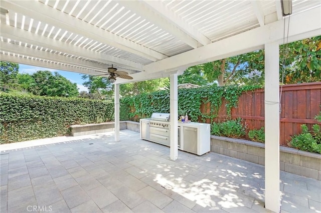 25 Bellflower St, Ladera Ranch, CA 92694 - fenced backyard featuring ceiling fan, a patio, area for grilling, and a pergola