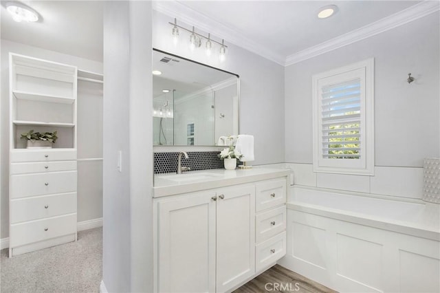 25 Bellflower St, Ladera Ranch, CA 92694 - full bathroom featuring a stall shower, ornamental molding, vanity, a closet, and recessed lighting
