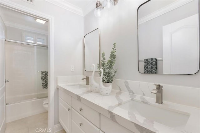 25 Bellflower St, Ladera Ranch, CA 92694 - bathroom with enclosed tub / shower combo, double vanity, crown molding, and tile patterned floors