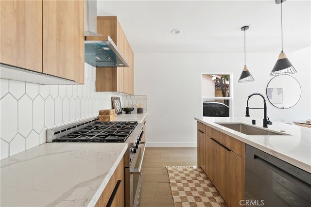 3927 Welland Ave, Los Angeles, CA 90008 - kitchen with a sink, stainless steel appliances, wall chimney exhaust hood, light wood-style floors, and modern cabinets