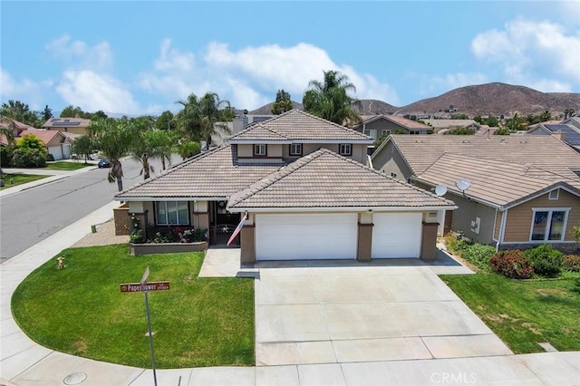 29183 Paperflower Ln, Menifee, CA 92584 - view of front of home featuring a tile roof, an attached garage, stucco siding, driveway, and a front lawn