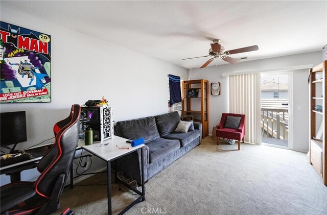 29183 Paperflower Ln, Menifee, CA 92584 - carpeted living room featuring an office area and ceiling fan