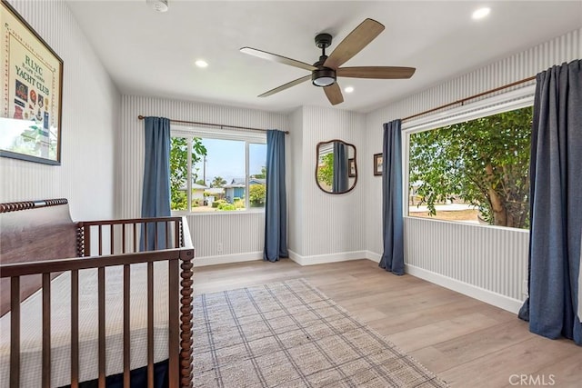 2116 E Thackery St, West Covina, CA 91791 - bedroom with light wood-style flooring, recessed lighting, a ceiling fan, and baseboards