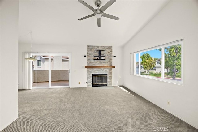 549 Springbrook N, Irvine, CA 92614 - unfurnished living room with a ceiling fan, carpet flooring, a fireplace, and lofted ceiling