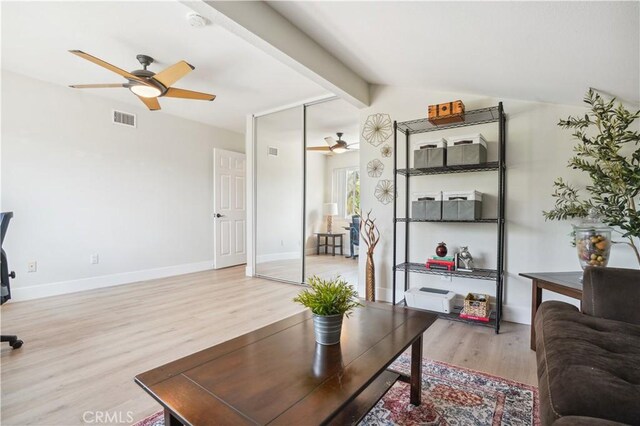 25585 Chrisanta Dr, Mission Viejo, CA 92691 - living room featuring a ceiling fan, light wood-style flooring, baseboards, and an office area