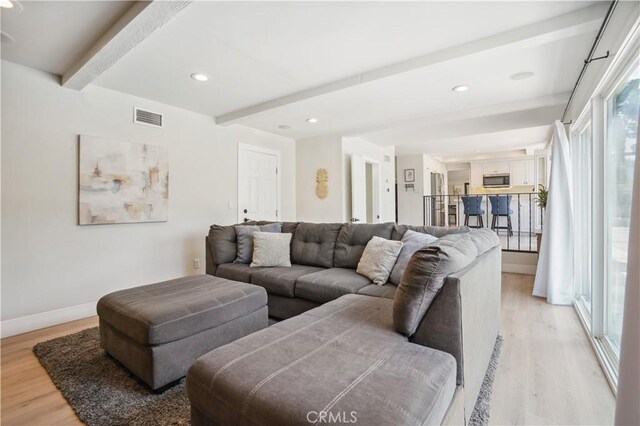 25585 Chrisanta Dr, Mission Viejo, CA 92691 - living room featuring beam ceiling, light wood-type flooring, recessed lighting, and baseboards