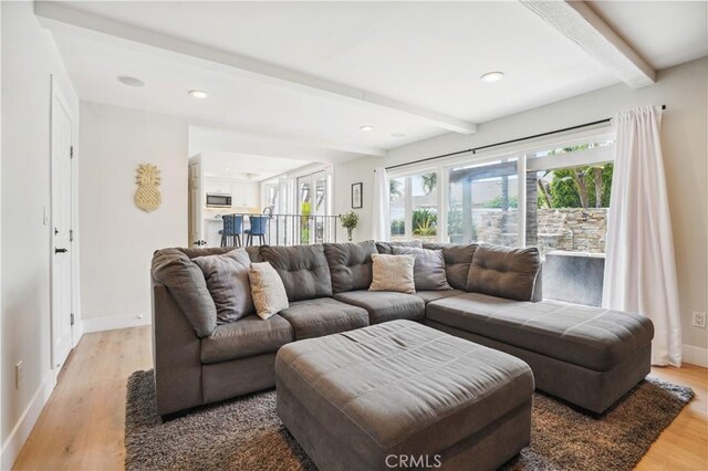 25585 Chrisanta Dr, Mission Viejo, CA 92691 - living area with beam ceiling, light wood-style flooring, baseboards, and recessed lighting