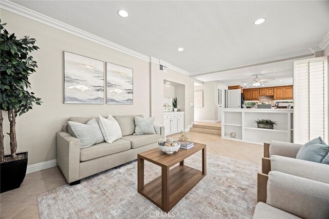 45 Colonial, Irvine, CA 92620 - living area featuring light tile patterned flooring, baseboards, recessed lighting, ornamental molding, and a ceiling fan