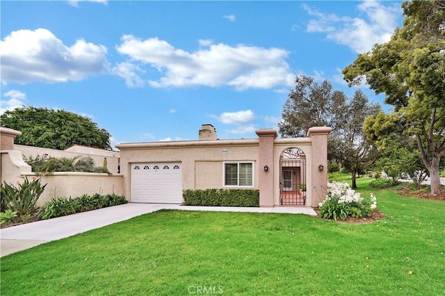 5509 Paseo Del Lago W Unit C, Laguna Woods, CA 92637 - mediterranean / spanish-style house with driveway, a garage, a front yard, a chimney, and stucco siding