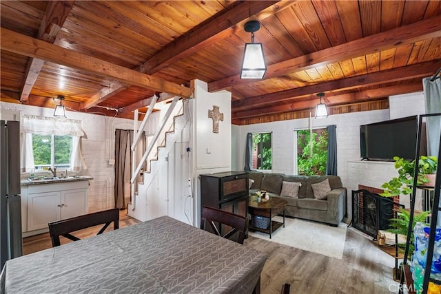 423 Forest Ln, Crestline, CA 92325 - dining space with wood finished floors, healthy amount of natural light, wood ceiling with exposed beams, and stairs