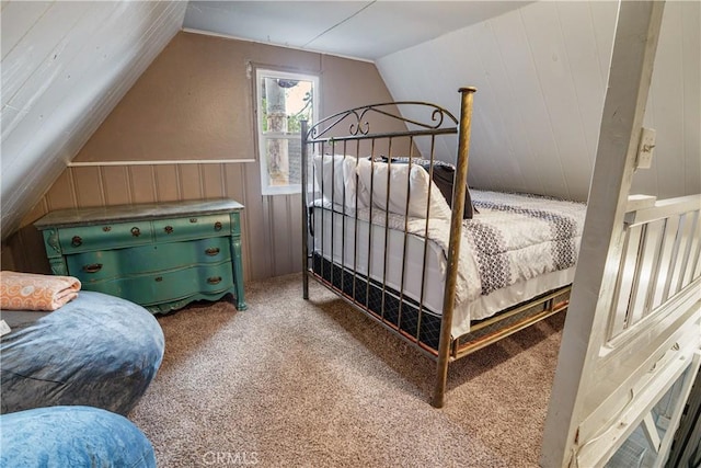 423 Forest Ln, Crestline, CA 92325 - carpeted bedroom with lofted ceiling and a wainscoted wall