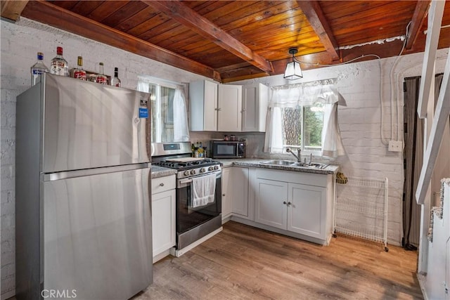 423 Forest Ln, Crestline, CA 92325 - kitchen with stainless steel appliances, wood ceiling with exposed beams, light wood-style floors, a sink, and white cabinets