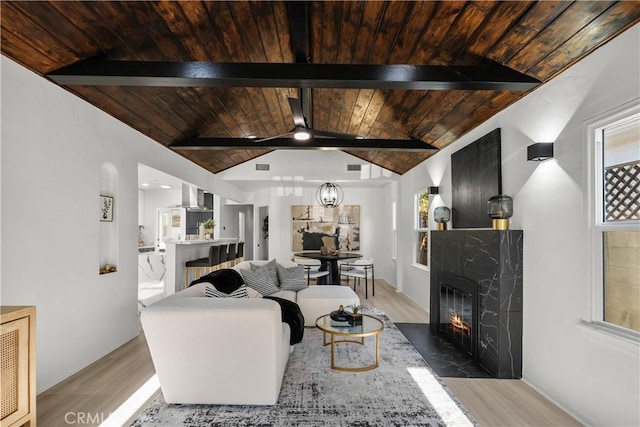 4470 Colbath Ave, Sherman Oaks, CA 91423 - living room with light wood-type flooring, wood ceiling, a premium fireplace, and a ceiling fan