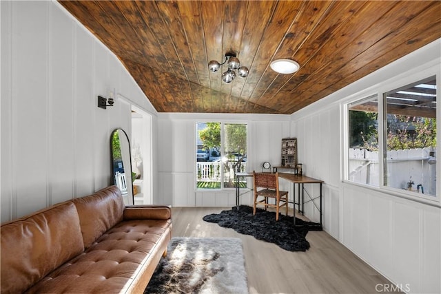 4470 Colbath Ave, Sherman Oaks, CA 91423 - living room featuring wooden ceiling, a decorative wall, wood finished floors, and vaulted ceiling