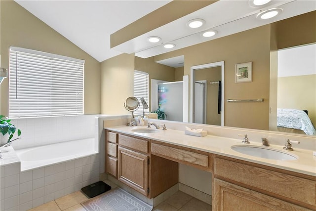 902 Highland View Dr, Corona, CA 92882 - ensuite bathroom featuring tile patterned flooring, a stall shower, double vanity, a bath, and vaulted ceiling