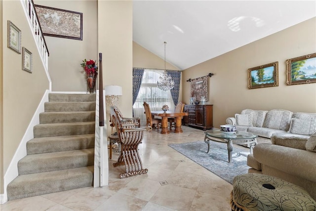 902 Highland View Dr, Corona, CA 92882 - living room featuring stairway, a chandelier, and high vaulted ceiling