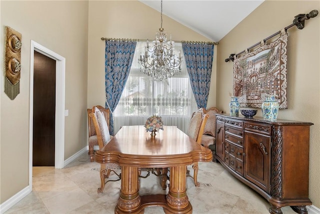 902 Highland View Dr, Corona, CA 92882 - dining area with a chandelier, vaulted ceiling, and baseboards