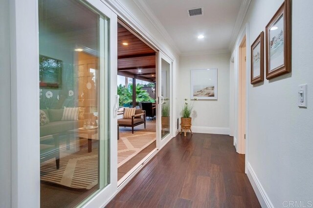 1530 Stewart St, Oceanside, CA 92054 - hall featuring dark wood-style flooring, baseboards, and ornamental molding