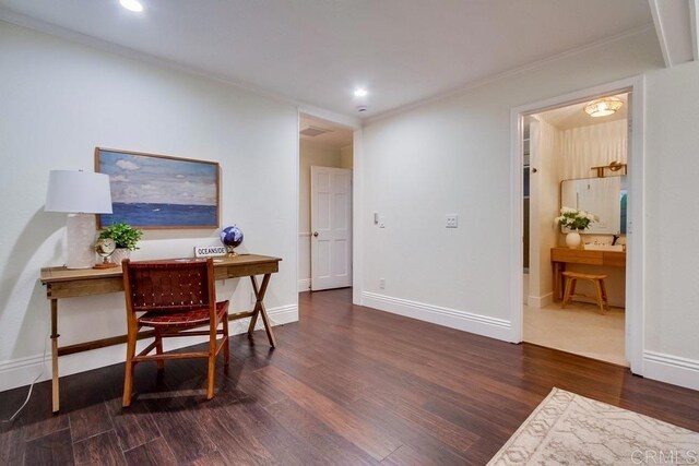 1530 Stewart St, Oceanside, CA 92054 - office area with wood finished floors, ornamental molding, recessed lighting, and baseboards