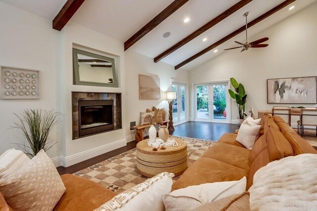 1530 Stewart St, Oceanside, CA 92054 - living room with recessed lighting, wood finished floors, beamed ceiling, a fireplace, and a ceiling fan