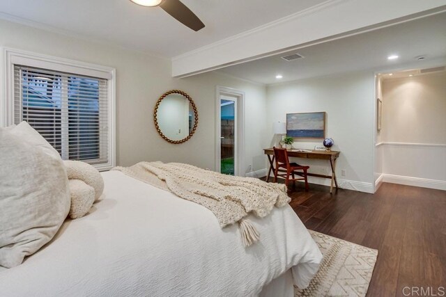 1530 Stewart St, Oceanside, CA 92054 - bedroom with dark wood-type flooring, baseboards, ornamental molding, a ceiling fan, and recessed lighting