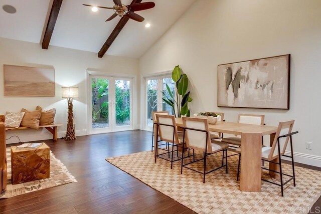 1530 Stewart St, Oceanside, CA 92054 - dining room featuring ceiling fan, wood finished floors, baseboards, beamed ceiling, and high vaulted ceiling