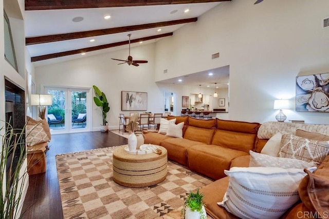 1530 Stewart St, Oceanside, CA 92054 - living area with ceiling fan, wood-type flooring, beamed ceiling, high vaulted ceiling, and recessed lighting
