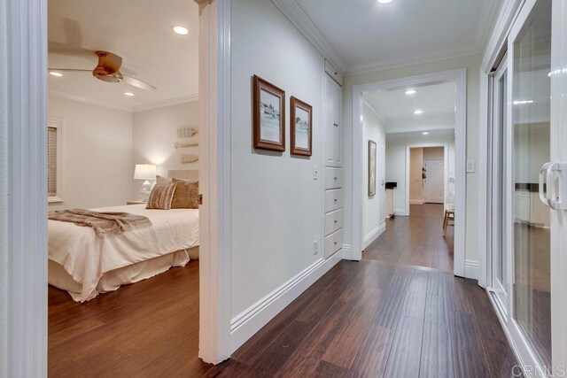 1530 Stewart St, Oceanside, CA 92054 - hall featuring dark wood-type flooring, ornamental molding, recessed lighting, and baseboards