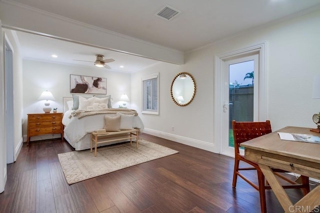 1530 Stewart St, Oceanside, CA 92054 - bedroom featuring dark wood-style flooring, crown molding, access to exterior, ceiling fan, and recessed lighting