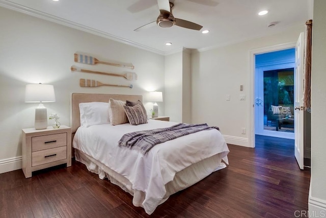 1530 Stewart St, Oceanside, CA 92054 - bedroom featuring ornamental molding, dark wood-type flooring, a ceiling fan, and recessed lighting