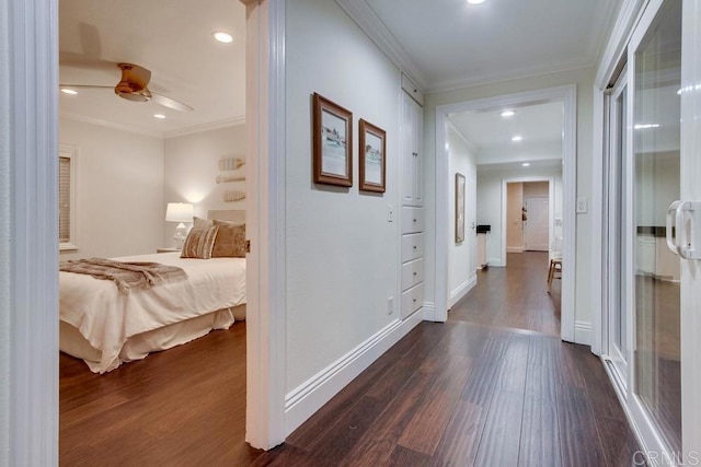 1530 Stewart St, Oceanside, CA 92054 - hallway with dark wood-style floors, crown molding, and recessed lighting