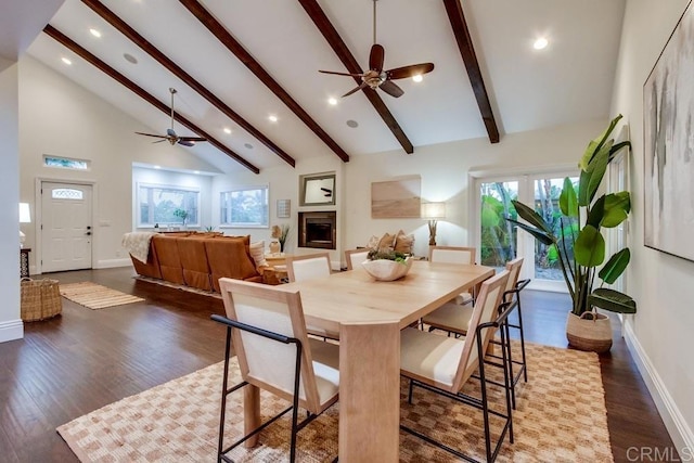 1530 Stewart St, Oceanside, CA 92054 - dining room with ceiling fan, recessed lighting, beam ceiling, dark wood-type flooring, and high vaulted ceiling