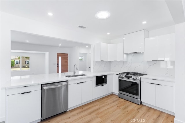 2731 Armour Ln, Redondo Beach, CA 90278 - kitchen with appliances with stainless steel finishes, modern cabinets, light wood-style flooring, white cabinets, and recessed lighting