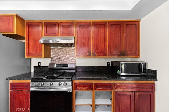 918 Sequoia Ct, San Dimas, CA 91773 - kitchen with stainless steel appliances, under cabinet range hood, dark brown cabinets, and backsplash