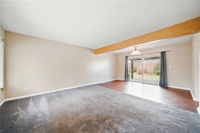 918 Sequoia Ct, San Dimas, CA 91773 - carpeted empty room featuring baseboards, beam ceiling, a textured ceiling, and wood finished floors