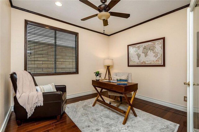 30 Sunswept Mesa, Aliso Viejo, CA 92656 - home office with crown molding, dark wood-style flooring, ceiling fan, and recessed lighting