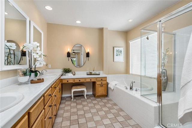 30 Sunswept Mesa, Aliso Viejo, CA 92656 - bathroom with a bath, double vanity, a shower stall, and tile patterned floors