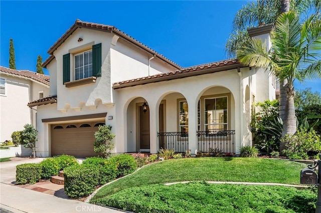30 Sunswept Mesa, Aliso Viejo, CA 92656 - mediterranean / spanish home with a garage, stucco siding, a tile roof, a porch, and a front lawn