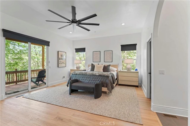 1019 Pintail Cir, Lake Arrowhead, CA 92352 - bedroom featuring access to outside, multiple windows, light wood-style flooring, and recessed lighting