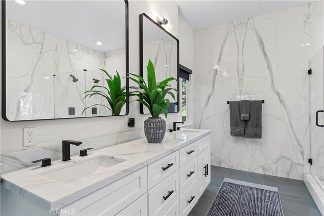 1019 Pintail Cir, Lake Arrowhead, CA 92352 - full bath with double vanity and a marble finish shower