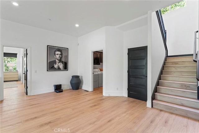 1019 Pintail Cir, Lake Arrowhead, CA 92352 - unfurnished living room with stairway, light wood-style floors, and recessed lighting