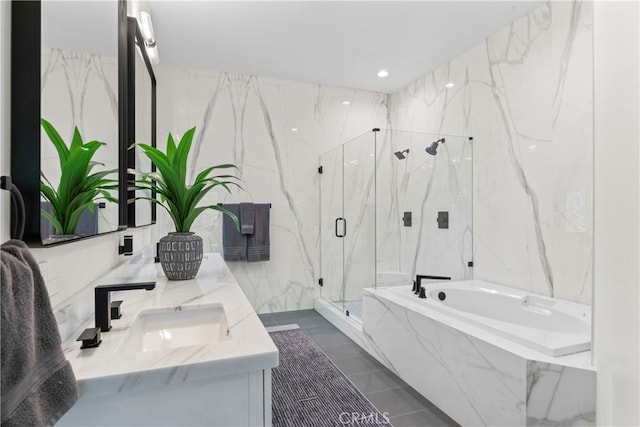 1019 Pintail Cir, Lake Arrowhead, CA 92352 - bathroom with tile walls, a bath, double vanity, and a marble finish shower