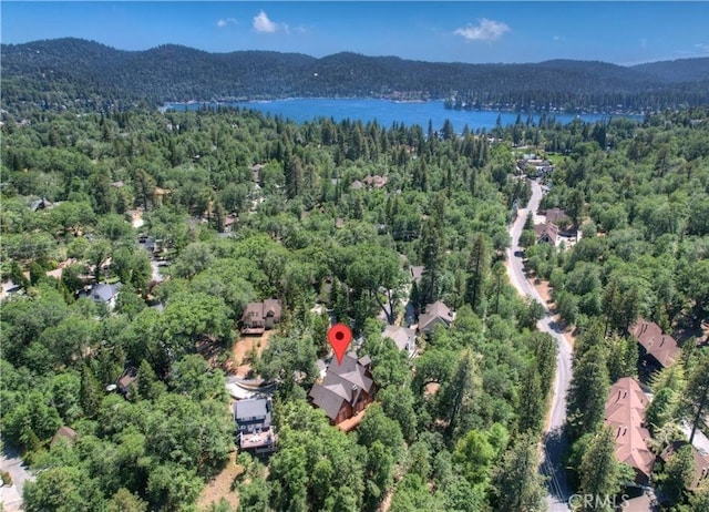 1019 Pintail Cir, Lake Arrowhead, CA 92352 - aerial overview of property's location with a forest and a water and mountain view